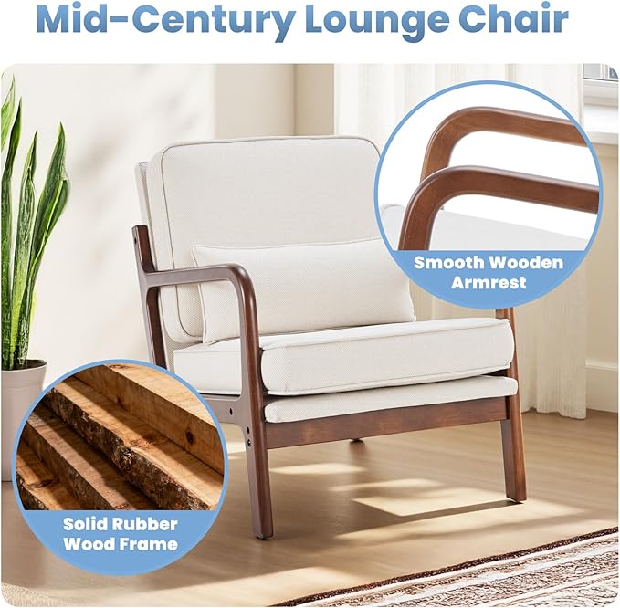DUMOS Accent Chairs Set of 2Mid Century Modern Chair with Arms and Waist Cushion Reading Chairs for Adults Lounge Chair for Living Room and Bedroom Solid Wooden Frame Cream