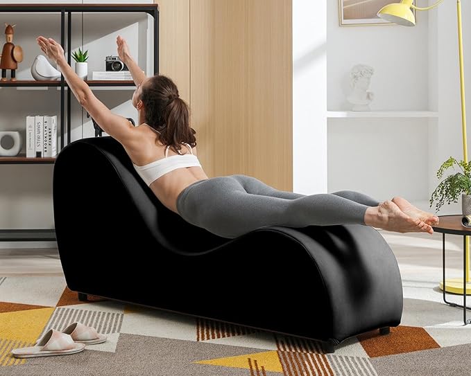 BALUS 60W S-Shape Yoga Sofa Chaise Lounge Chair for Adults Stretching Wooden Ergonomic Curved Lounges Chairs Indoor with Velvet Cover for Living Room Apartment Home Office Exercising Relaxing Black