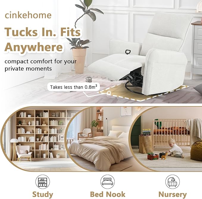 cinkehome Swivel Rocker Recliner Glider Rocker Recliner Chair for Nursery Overstuffed Manual Reclining Chair for Small Spaces Living Room Beige Snowflake Fleece