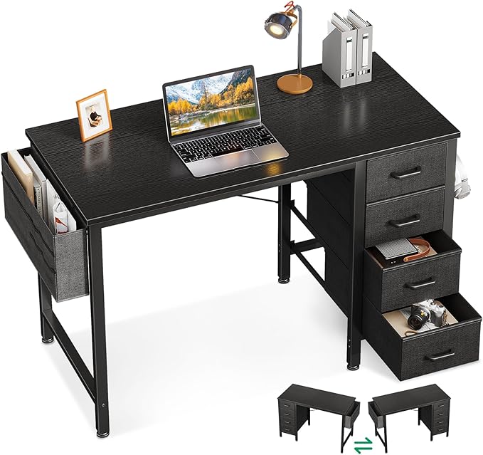 Casaottima 32-Inch Small Computer Desk with 4 Fabric Drawers — Home Office Desks with Storage Writing Desk with Side Hook and Cloth Bag Modern Study/Work Table for Bedroom and Small Space Black