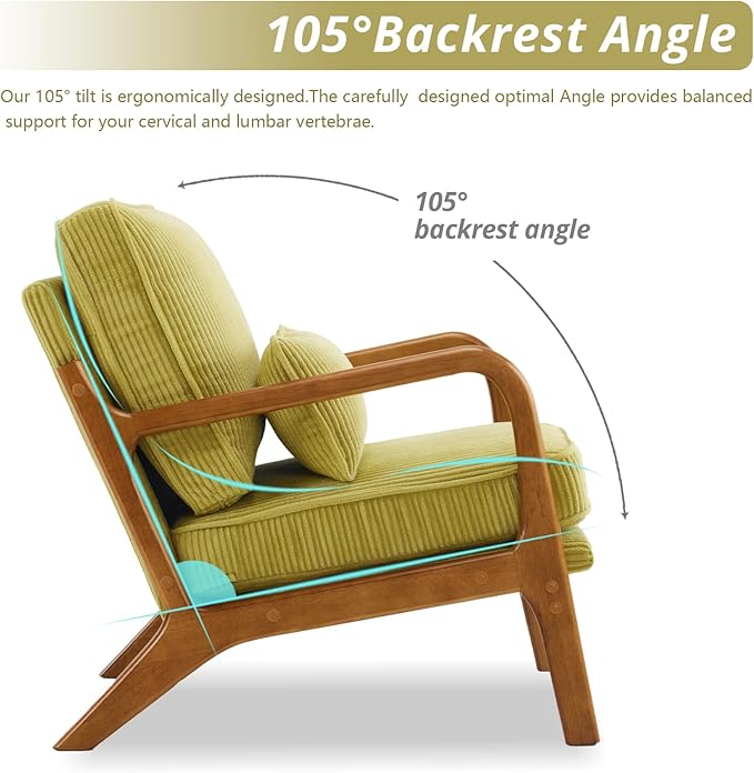 Karl home Mid-Century Modern Accent Chair Living Room Chairs with Pillow Corduroy Upholstered Lounge Armchair with Solid Wood Frame &amp Soft Cushion for Bedroom Reading Room Green