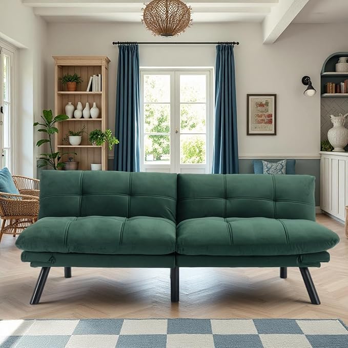 71-inch Microfiber Upholstered Futon Sofa Bed - 2 Seats Adjustable Arms/Back Iron Legs | Convertible to Sleeper for Main Living Spaces Bedrooms Offices (Emerald +2Seat)