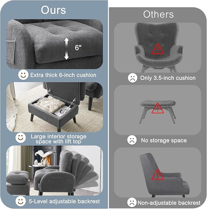 ELUCHANG Accent Chairs with Ottoman Upholstered Comfy Armchair with Adjustable Backrest&ampStorage Footrest Lazy Chair Reading Chair Leisure Sofa Recliner for Living Room Bedroom (Grey - Teddy Fabr
