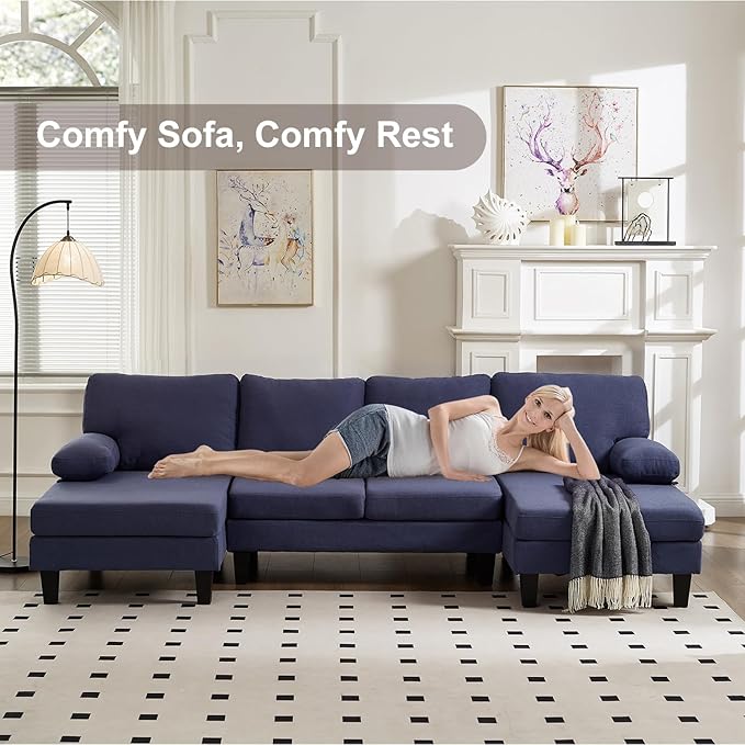 U Shaped Sectional Couches for Living Room 106.3 Modular Sofa with Double Chaises 4-Seater Sofa with Memory Foam Cushions Comfy Sectional Couches for Apartment Reception Room Blue