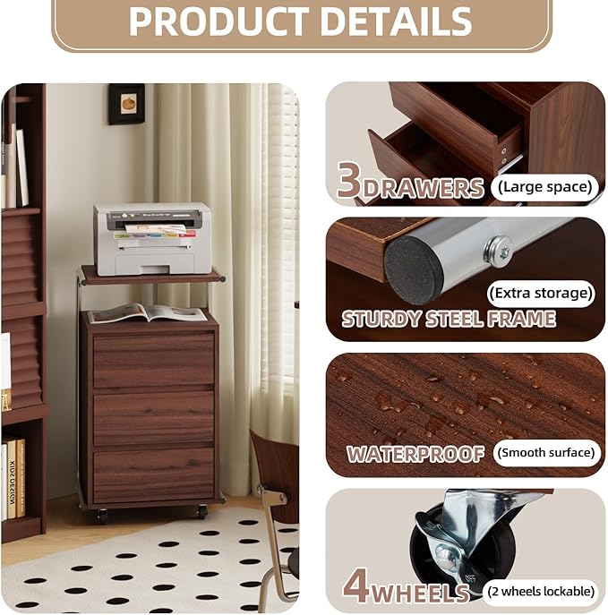 JOMEED 3 Drawer File Cabinet with Extended Desktop Lockable Wheels Under/Beside Desk Storage and Organizer Cabinet for Home Office Small Rolling File Chest Printer Stand Modern Style Walnut Large