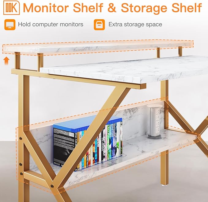 ODK Small Desk 27.5 Inch Computer Desk for Small Spaces Kids Desk with Storage Study Table with Monitor Stand for Homeschool White Marble + Gold Leg