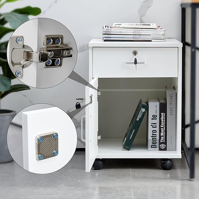 TUKAILAi Mobile File Cabinet with Lockable Drawer &amp Door Under Desk Rolling Filing Cabinet with 4 Wheels Wooden Stationery Storage Cabinet for Home Office (White)