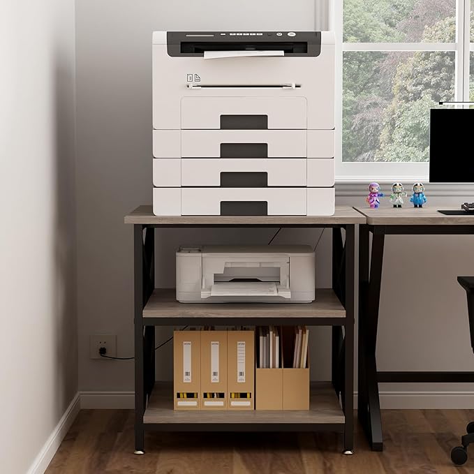 Large Printer Stand with Power Outlet with Height Adjustable Storage Shelf 3 Tier Rolling Printer Cart with Industrial Wheels 23.6 x 23.6 Inches Printer Table for Home Office Greige