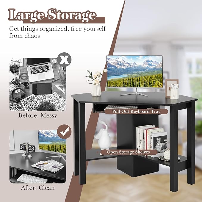 Tangkula Corner Desk with Keyboard Tray Triangle Corner Computer Desk for Small Space Bedroom Corner Makeup Vanity Desk with Storage Shelves Space Saving Corner Writing Desk