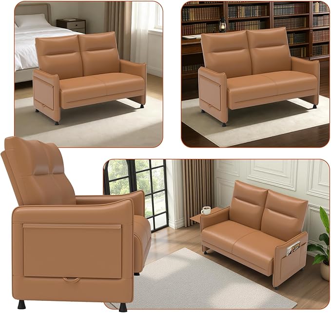 Faux Leather Small Loveseat Sofa Small Sofa 2 Seater Couch with Flip Up Tray Table Side Pockets Elastic Cushion Perfect Loveseat Couch for Bedroom Living Room or Office Brown