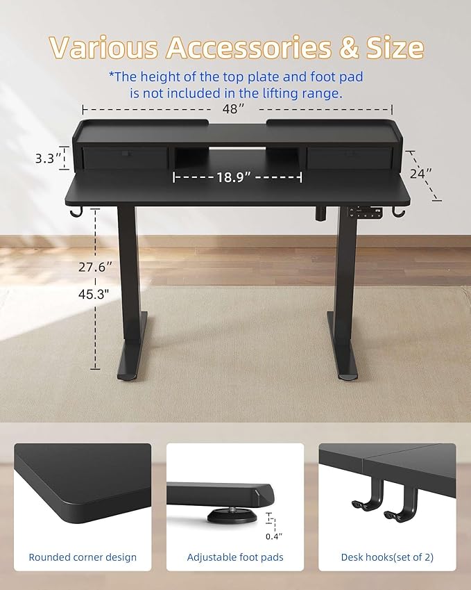 YIHAYO Electric Standing Desk with Drawers 48 x 24 Inches Adjustable Desk with Storage Shelf Stand Up Desk with Splice Board Computer Table for Home Office Black Frame/Black Top