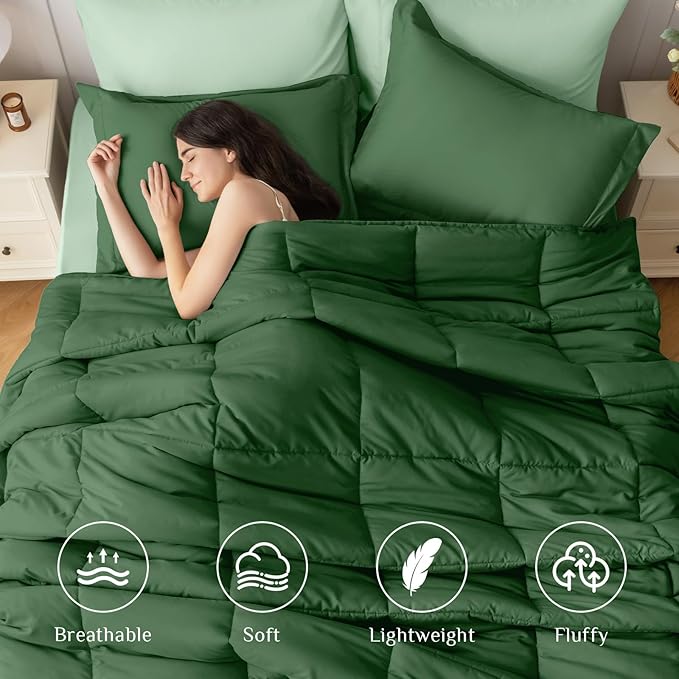 JOLLYVOGUE California King Comforter Set Ultra-Soft Bed in a Bag 7 Pieces Oeko-TEX Certified Bedding Set with Down Alternative Comforter Sheets Pillowcases &amp Shams Dark Green &amp Light Gree
