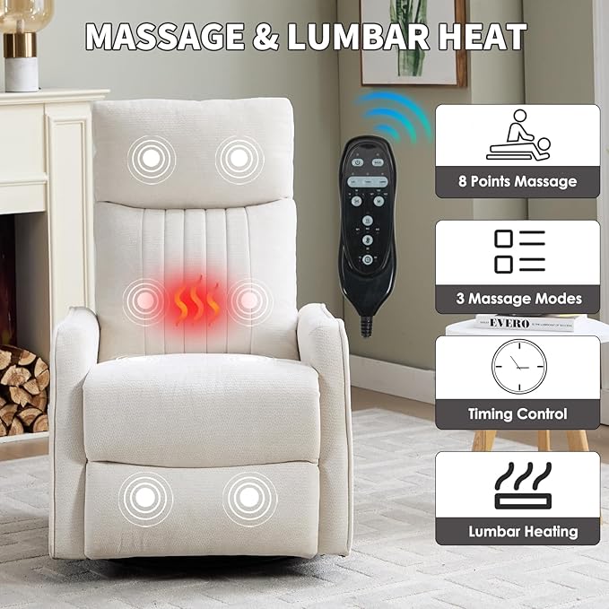 Swivel Rocker Recliner Chair 360° Swivel Recliner with Heat and Massage Rocker Recliner Nursery Glider Chair with Side Pockets for Living Room (Light Beige Fabric)