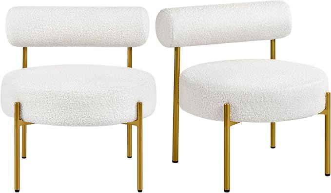 Topeakmart Modern Vanity Chair Boucle Fabric Accent Chair with Gold Metal Legs for Living Room Makeup Room 2 PCS White
