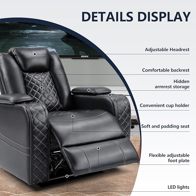 CANMOV Electric Power Recliner Chair Set of 2 with USB/Type-C Ports and Ambient LightingBreathable Faux Leather Home Theater Seating with Adjustable HeadrestCup HoldersHidden Arm StorageBlack