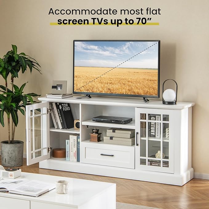 Tangkula Farmhouse TV Stand for TV up to 65 70 Inches Tall Media Console Table with 2 Glass Storage Cabinets 1 Drawer &amp 2 Open Shelves Wooden Entertainment Center for Living Room (White)
