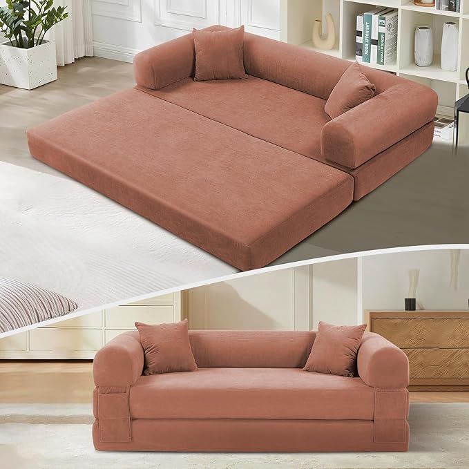 KBQ 3-Seat Convertible Sleeper Sofa Bed with 2 Pillows Corduroy Folding Mattress Couch Floor Sofa Lounge Couch for Living Room Bedroom Lounge Studio Pink