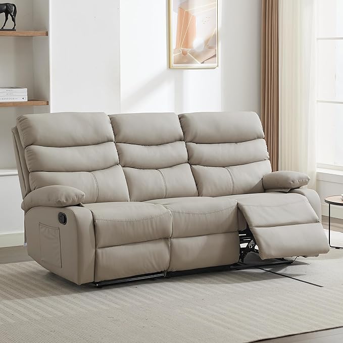 Loveseat Recliner Sofa Set Small Leather Couch 3-Seater Manual Seater Reclining Triple Recliner Chair for Living Room RV Home Theater Seating(Beige 3 Seater Sofa)