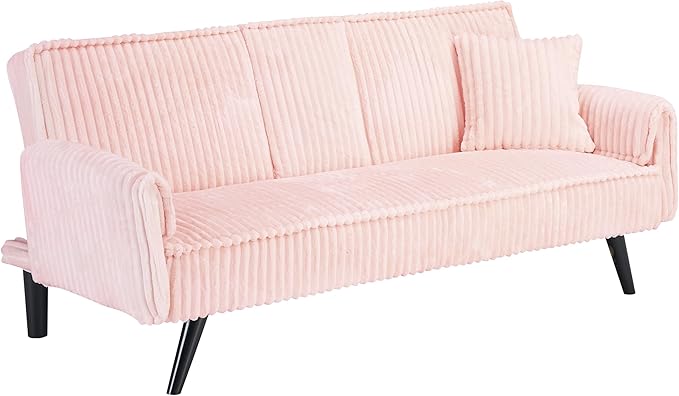 72'' Fabric Loveseat Sofa Comfy Corduroy Couch with 2 Embedded Teacup Holders 2 Seater Sofa with Adjustable Backrest Modern Small Convertible Futon Sofa Bed for Living Room Apartment (Pink)