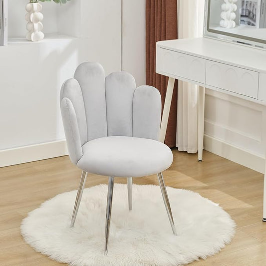 Vanity Chair for Makeup Room - Midcentury Modern Accent Chair for Living Room Bedroom Makeup Chair with Back Support Velvet Chair with Metal Legs (Light Grey)