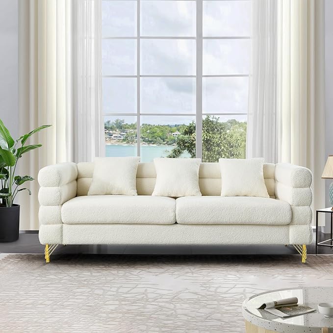 Antetek 81-inch Couches for Living Room Modern Teddy Fabric Upholstered Sofa Couch with Square Arm and 4 Golden Metal Legs for Living Room Office Apartment White