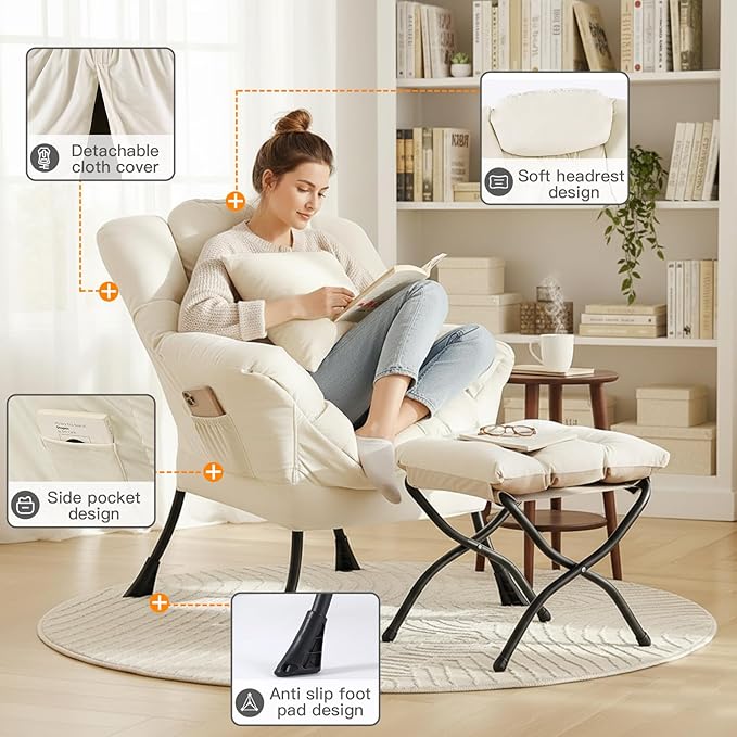 Lvory Lazy Chair with Ottoman Large Velvet Accent Chair with a Throw Pillow Comfy Leisure Sofa Chair for Living Room Bedroom Dorm Room Office Apartment Reading Relaxing Use