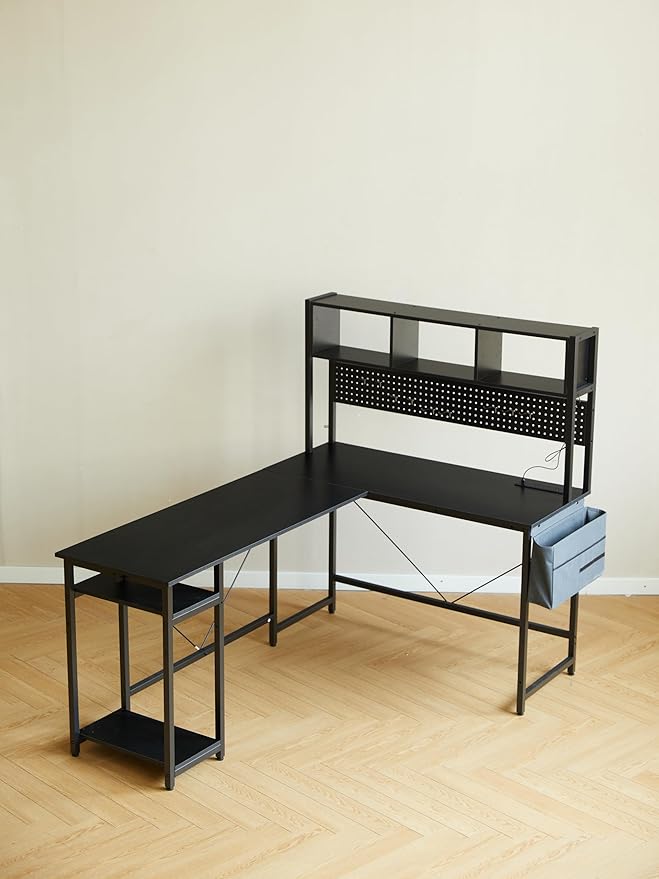 94.5 Inch Home Office Desk L Shape Gaming Desk with LED Storage Shelves Metal Pannel and Stool (Black)