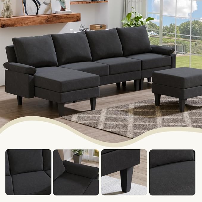 115 Inch Modular Sectional Sofa with Storage Ottoman Modern L-Shaped Sectional Couch with Chaise Chenille Couch for Living Room Apartment or Small Spaces Black