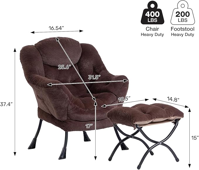 HollyHOME Lazy Chair with Foldable Ottoman Accent Comfy Lounge Armchair and Folding Footrest Stool Leisure Sofa Reading Chair and Footstool for Living Room Bedroom DormFaux Fur Dark Coffee
