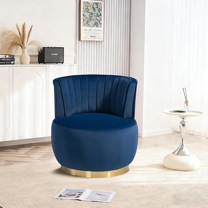 360 Degree Swivel Accent Chair Comfy Round Swivel Barrel Chair with Mental Base Upholstered Cozy Reading Armchairs Modern Lounge Sofa Chairs for Living Room Bedroom Club Office(Velvet Navy)