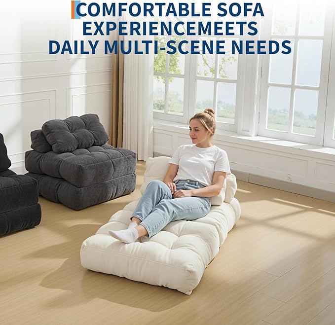 Garvee Folding Sofa Bed Convertible Sleeper Chair with Pillow Foldable Mattress with Back Support Boneless Fold Out Chair Bed Comfy Floor Sofa Lounge for Living Room Bedroom Beige Single