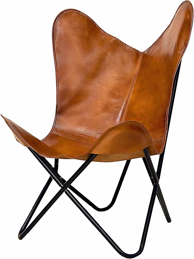 cuero Handmade Living Room Buffalo Leather Chair Home-Decor Butterfly Chair with Folding Iron Frame