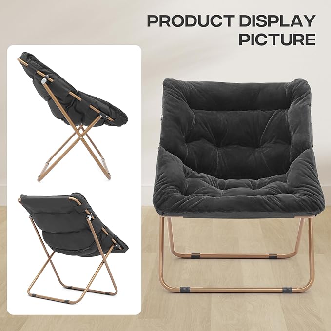 Cozy Saucer Chair Living Room Chair Faux Fur Soft Thick Padded Folding Chair Comfortable Square Moon Chair for Living Room Bedroom Reading Nook Modern Style 2 Pack Black