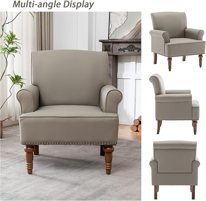 HOMEFLEX Accent Chair Faux Leather Living Room Chairs with Nailhead Trim Mid-Century Lounge Armchair with Solid Wood Legs Comfy Reading Single Sofa for Bedroom Waiting Room (Grey 1 Chair)