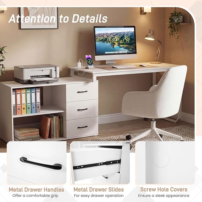GOFLAME Reversible L Shaped Computer Desk with Charging Station 55” Home Office Desk with 3 Drawers 3-Level Adjustable Shelf Convertible Study Writing Desk for Small Space White