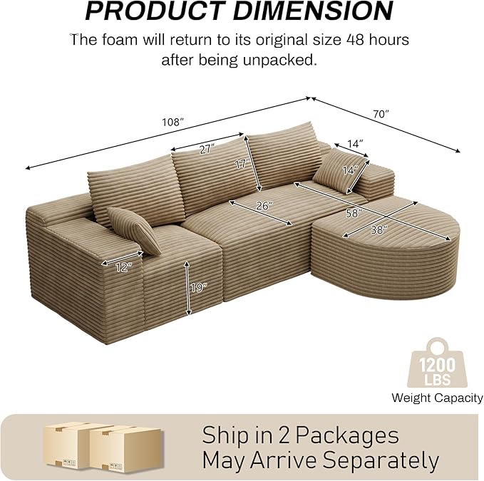 108 Modular Sectional Sofa Cloud Couch for Living Room L Shaped Comfy Fluffy Light Brown Boneless Couches with Movable Curved Ottoman Modern Plush Corduroy Memory Foam Floor Couch with Chaise