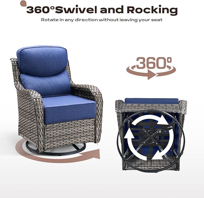 Rilyson Wicker Outdoor Patio Furniture Set - 5 Piece Patio Conversation Sets with Swivel Rocker Chairs Ottomans and Side Table 6 inch Cushions Waterproof Wicker for Porch Deck Mixed Grey/Blue