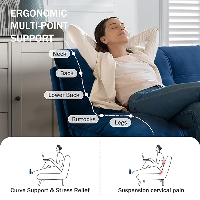 Convertible Futon Double Sofa Bed2 in 1 with Adjustable Backrest Memory Foam Loveseat for Living Room Bedroom Office Apartment Compact Sofa(Blue)