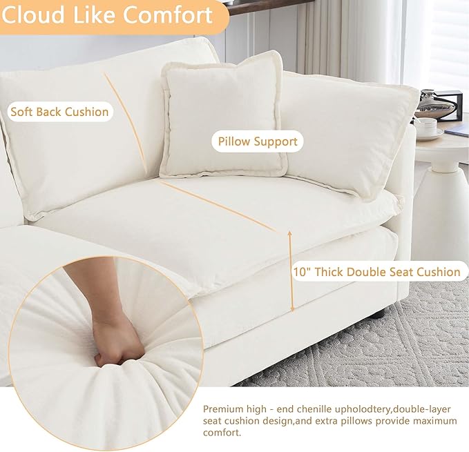 111.5 Sofa Modular Sectional Cloud Couch 3-Seat Chenille Deep Seat Sofa with Pillow for Living Room Bedroom and Apartment Beige