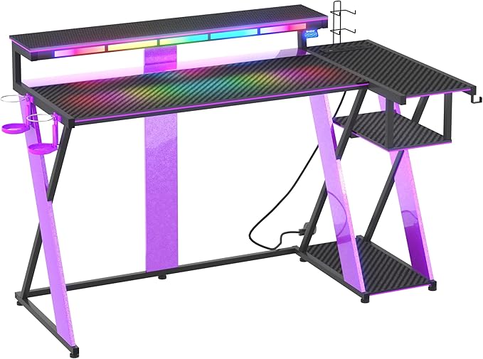 Bestier Computer Desk with Music Sync Light Flow Vibe Corner Desk with Monitor Stand and PS5 Storage Shelves Cup Holders and Headset Hooks for Bedroom Small Space (Black Purple 57 Inch)