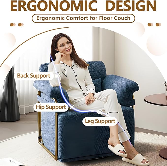 Swivel Accent Chairs 360 Swivel arm Chairs for Bedroom Club Chair with Back Gold Frame Tall Base for Office and Living Room (Blue)