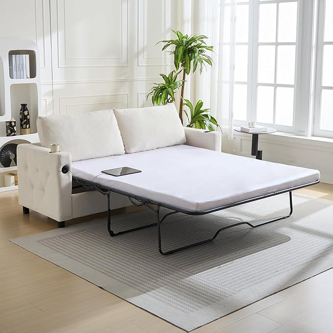 PUREMIND Queen Pull Out Sofa Bed 2-in-1 Velvet Sleeper Sofa with USB &amp Cup Holders 67 Sleeper Loveseat Couch Bed with Folding Mattress Pull Out Couch for Living Room Small Spaces Beige