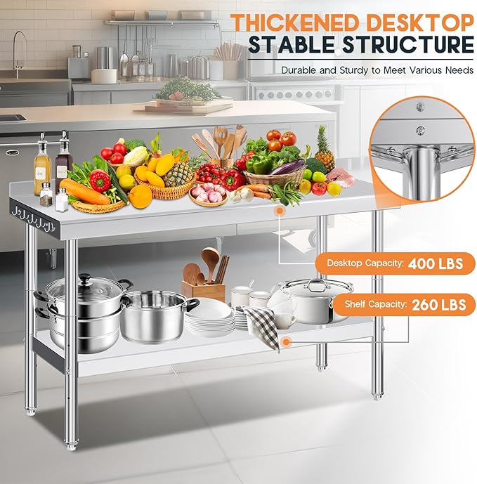 Jocisland 24 x 60 Stainless Steel Table for Prep &amp Work NSF Certified with Backsplash Adjustable Under Shelf &amp Safe Design for Restaurant Home and Outdoor