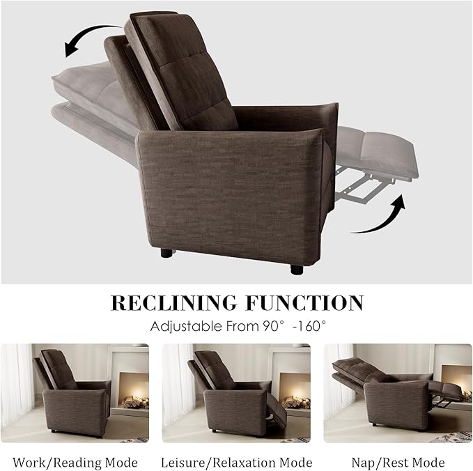 Chenille Fabric Recliner Chair for Adults - Manual Push Back Reclining Sofa with Sturdy Metal Frame Overstuffed High-Density Foam Adjustable Footrest for Living Room Home Theater (Brown)
