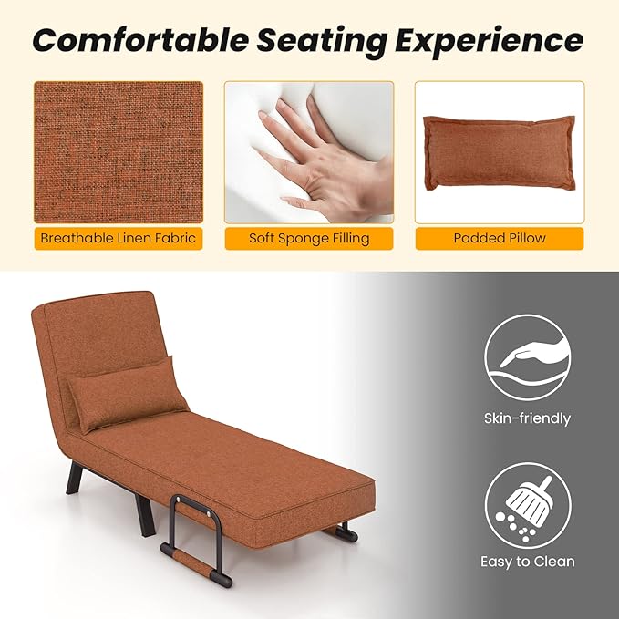 Giantex Convertible Sofa Bed 4-in-1 Sleeper Chair with Pillow Modern Recliner Guest Bed with 6 Position Adjustable Backrest Metal Legs Linen Fabric Armchairs for Nursery Living Room Office (Brown)