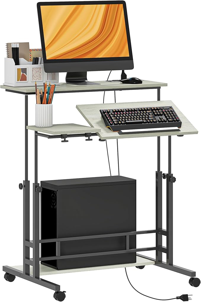HOMCOM Height Adjustable Standing Desk with Power Outlets Stand Up Desk with Tiltable Tabletop Lockable Wheels Bottom Shelf Rolling Workstation for Home Office Oak