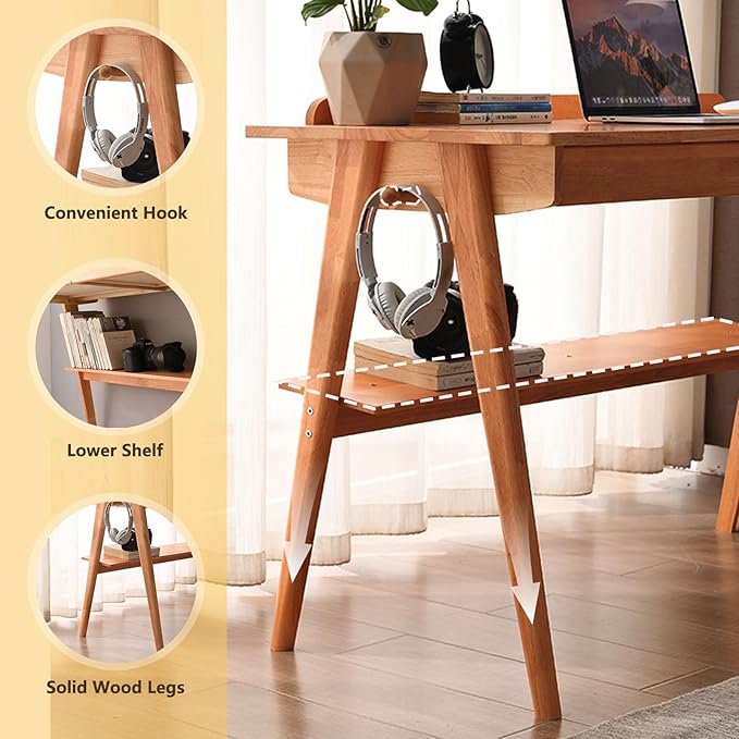 Solid Wood Desk Mid Century Modern Desks Home Office Desks with Drawers Small Desk for Bedroom