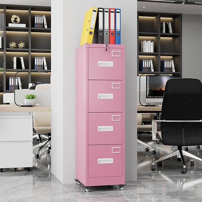 Aobabo 4 Drawer File Cabinet with Wheels Lockable Office Metal Filing Cabinet with Name Card for Office and HomeAssembly RequiredPink