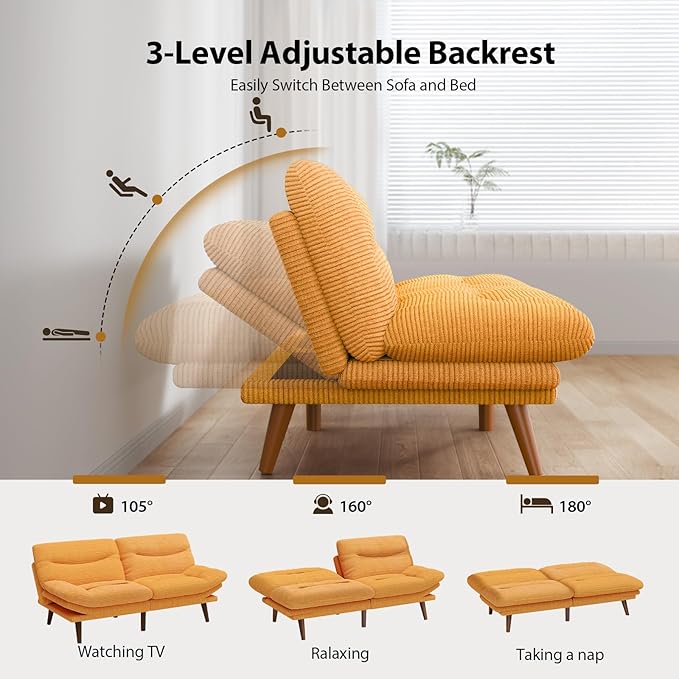 Pipishell Futon Sofa Bed Modern 66 Futon Couch Convertible to Bed &amp Lounger Compact Size Corduroy Loveseat Durable Construction - Fits Small Spaces ApartmentsStudy Room (Yellow 66 Inch) |