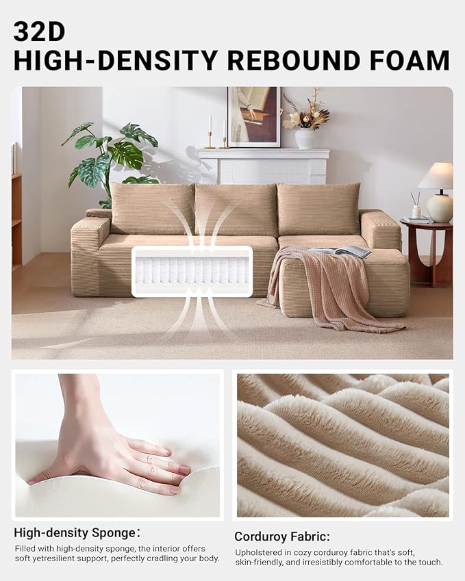 96 Inch Cloud Sectional CouchModern Modular Sectional Sofa with Deep SeatCorduroy Boneless Couches with L-Shape Chaise for Living Room BedroomNo Assembly Required (Camel Right Facing Chaise)